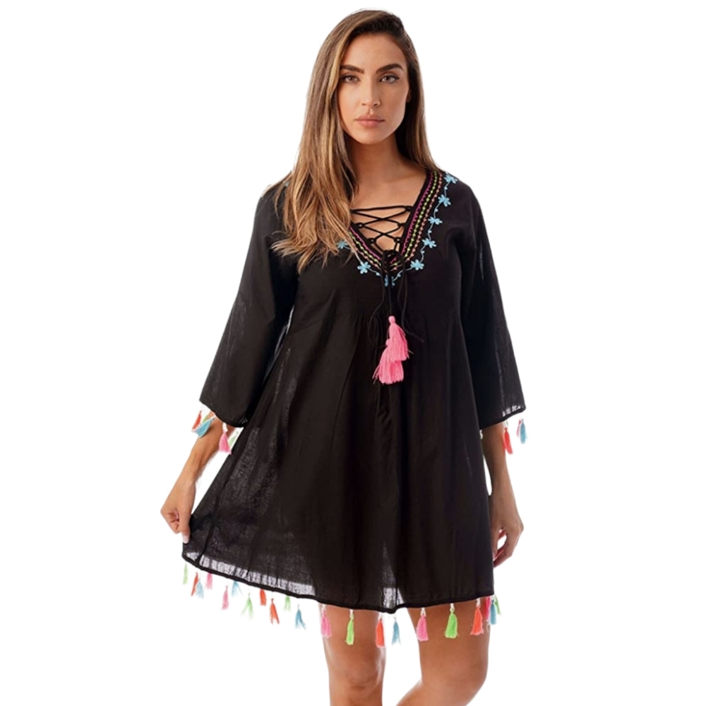 Riviera Sun Boho Lace Up V Neck Neon Embroidery Tassel Tunic Dress Cover 2X NEW